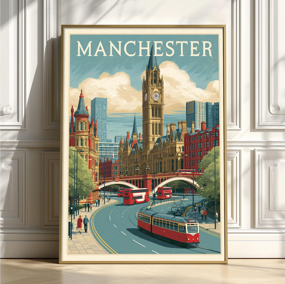 Manchester Travel Poster Print, UK City Wall Art, Red Tram Picture, Manchester City Centre Decor