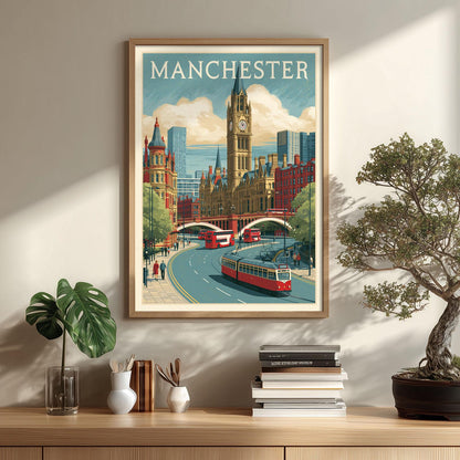 Manchester Travel Poster Print, UK City Wall Art, Red Tram Picture, Manchester City Centre Decor