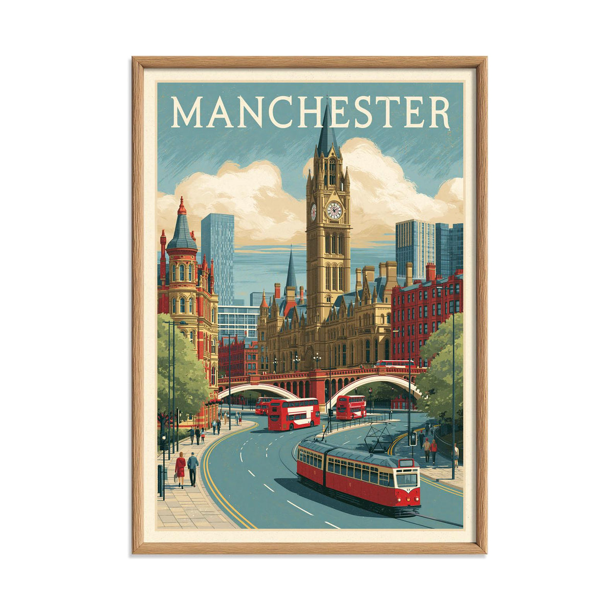 Manchester Travel Poster Print, UK City Wall Art, Red Tram Picture, Manchester City Centre Decor