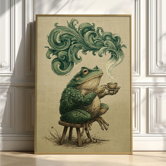 Frog Coffee Poster Print, Toad Kitchen Wall Art, Funny Animal Picture, Cafe Cottagecore Decor