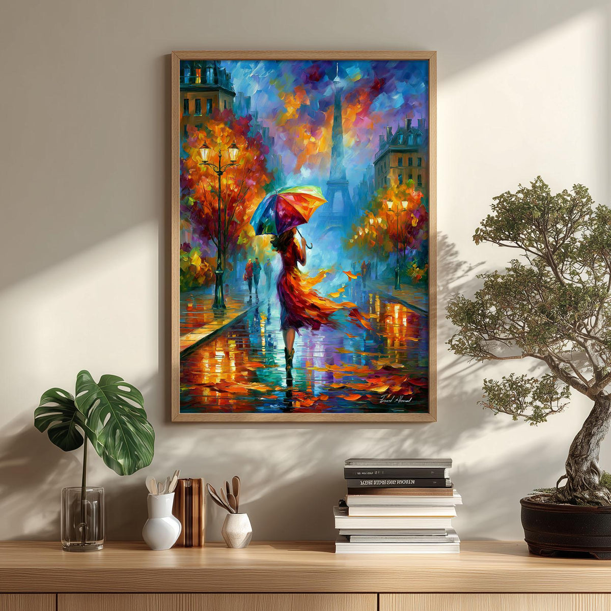 Rainy Paris Wall Art, Eiffel Tower Poster Print, Colourful Umbrella Picture, France Travel Decor