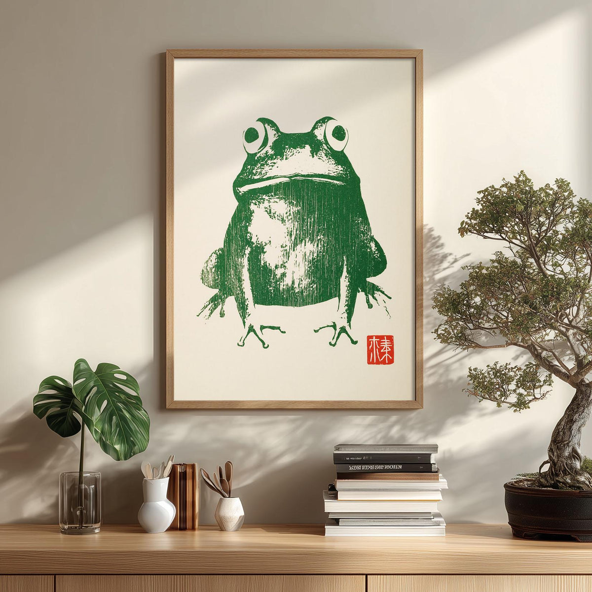 Green Frog Wall Art, Japanese Toad Print, Minimal Animal Picture, Kids Room Decor