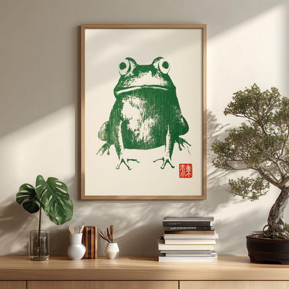 Green Frog Wall Art, Japanese Toad Print, Minimal Animal Picture, Kids Room Decor
