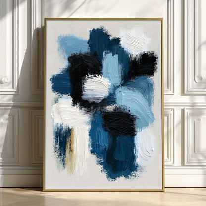 Blue Abstract Wall Art, Navy Brushstroke Poster Print, Black White Picture, Living Room Decor