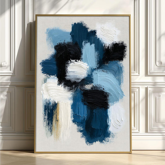 Blue Abstract Wall Art, Navy Brushstroke Poster Print, Black White Picture, Living Room Decor
