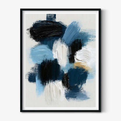 Navy Brushstroke Poster Print, Blue Abstract Wall Art, Black White Picture, Living Room Decor