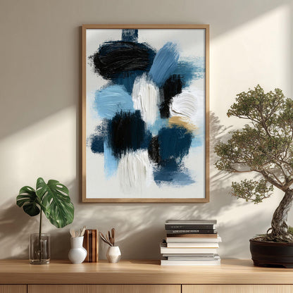 Navy Brushstroke Poster Print, Blue Abstract Wall Art, Black White Picture, Living Room Decor