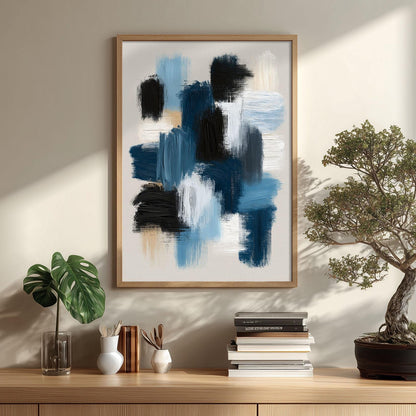 Navy Blue Abstract Brushstroke Print, Canvas Style Wall Art, Modern Living Room Decor