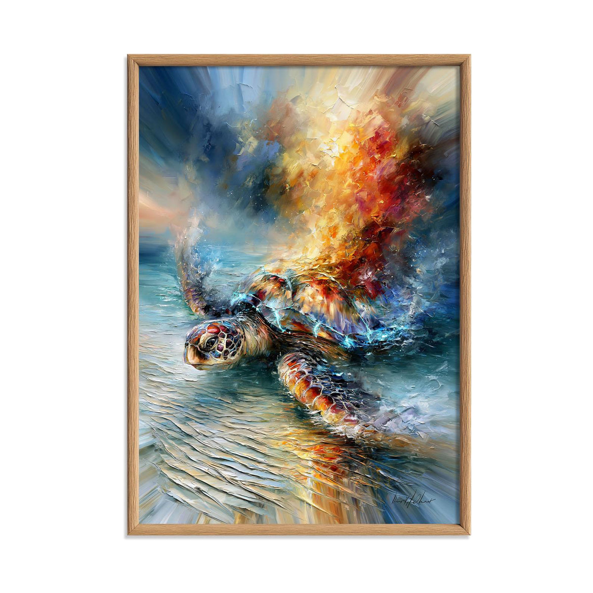 Vibrant Sea Turtle Oil Painting, Ocean Wildlife Wall Art, Coastal Beach House Decor