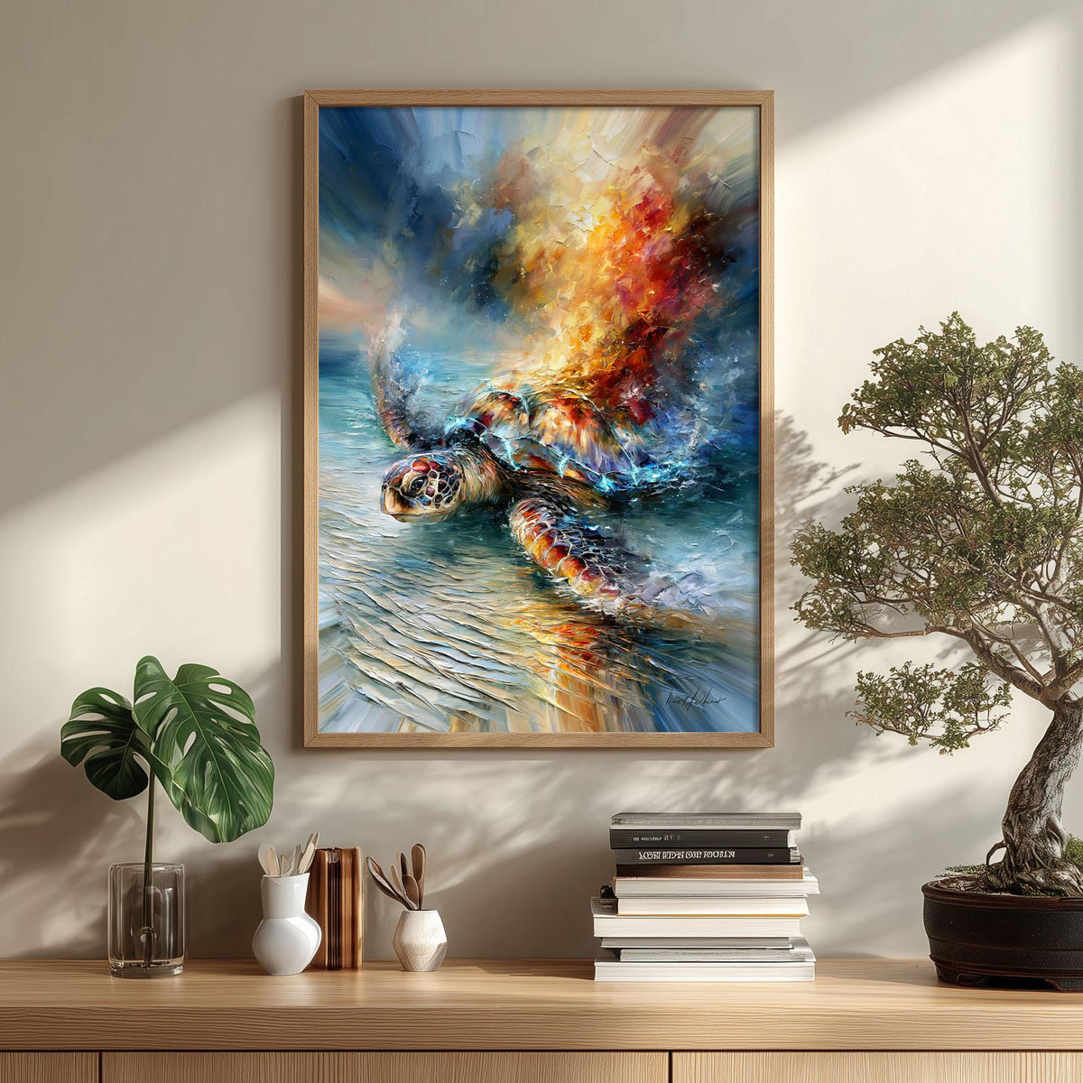 Vibrant Sea Turtle Oil Painting, Ocean Wildlife Wall Art, Coastal Beach House Decor