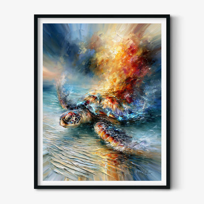 Vibrant Sea Turtle Oil Painting, Ocean Wildlife Wall Art, Coastal Beach House Decor