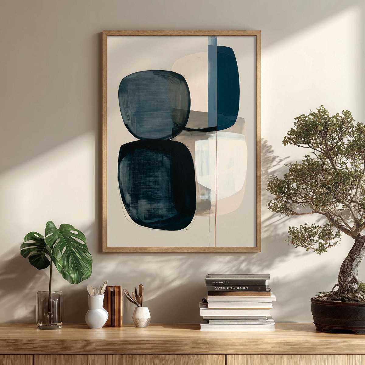 Neutral Abstract Art Print – Blue Grey Geometric Wall Art, Minimalist Poster