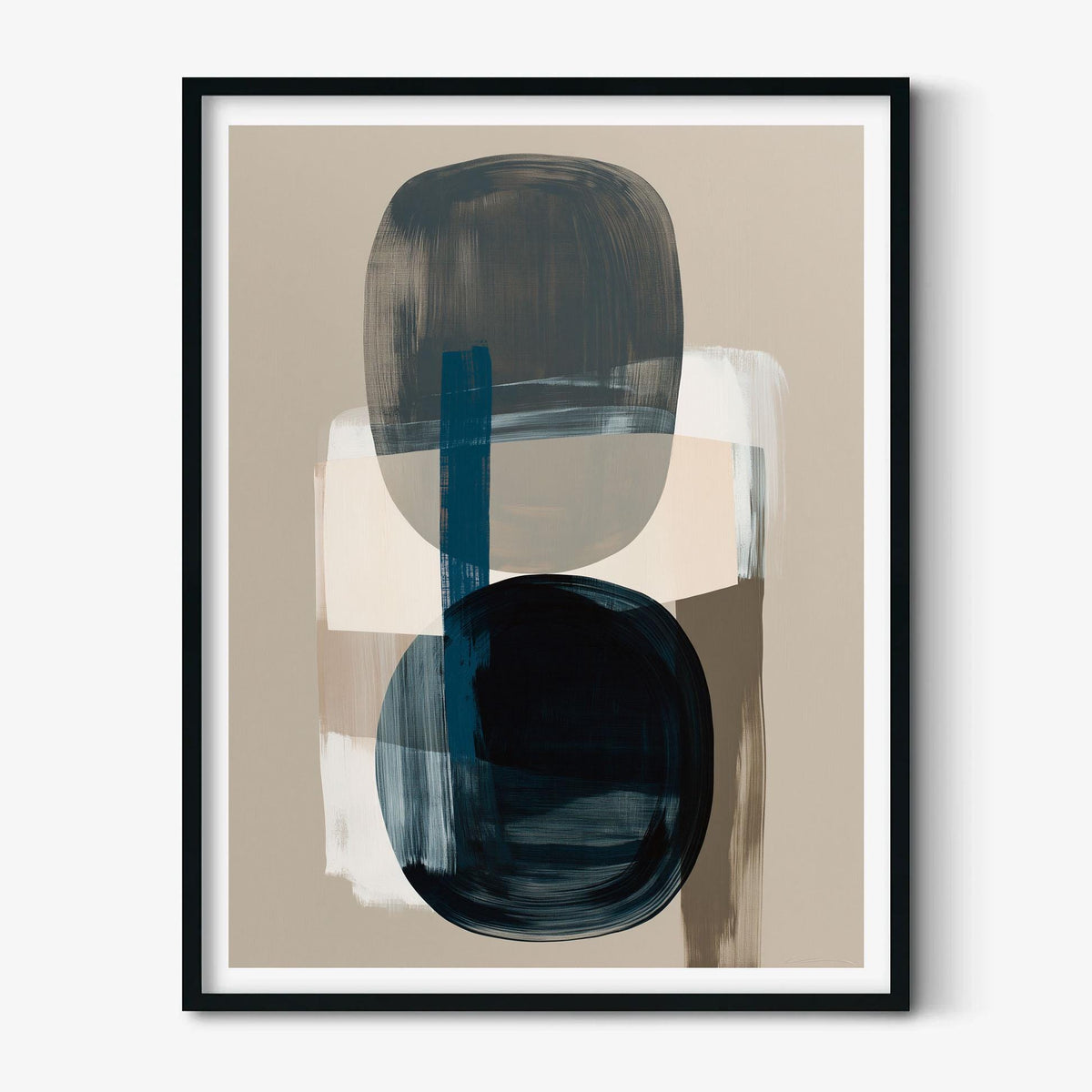 Abstract Navy Blue Shape Print, Neutral Geometric Wall Art, Minimalist Living Room Decor