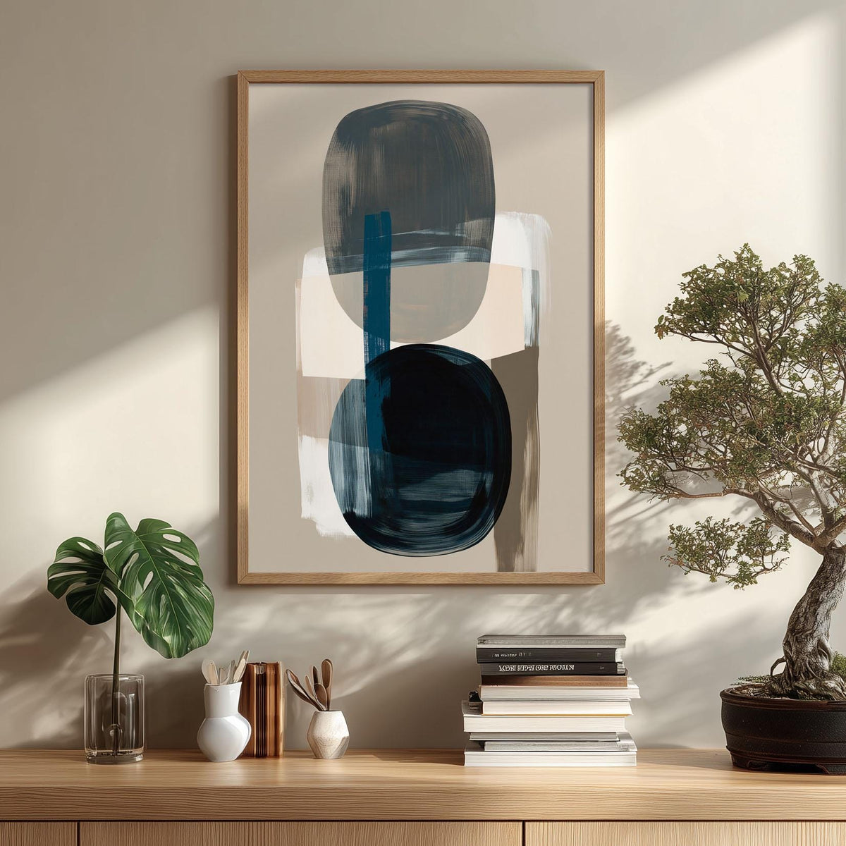 Abstract Navy Blue Shape Print, Neutral Geometric Wall Art, Minimalist Living Room Decor