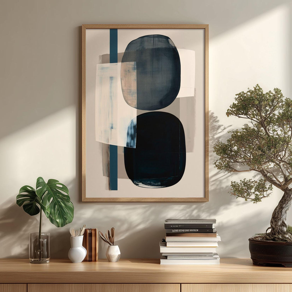 Minimalist Shape Poster Print, Navy Abstract Wall Art, Neutral Blue Picture, Living Room Decor