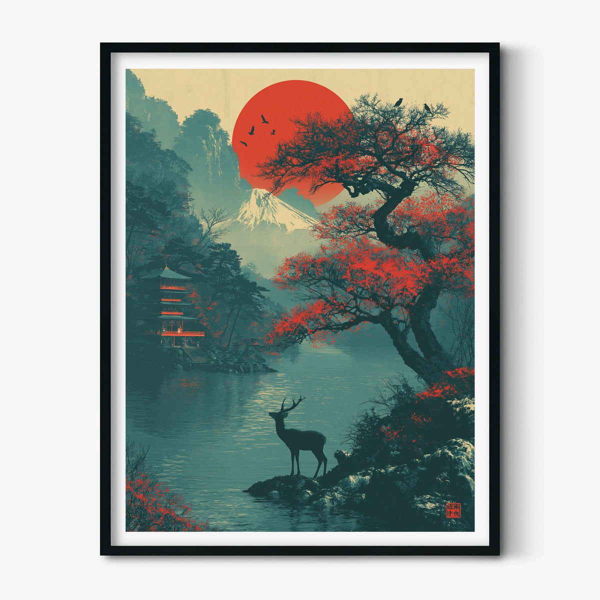 Mount Fuji Poster Print, Japanese Deer Wall Art, Red Sun Lake Picture, Pagoda Landscape Decor