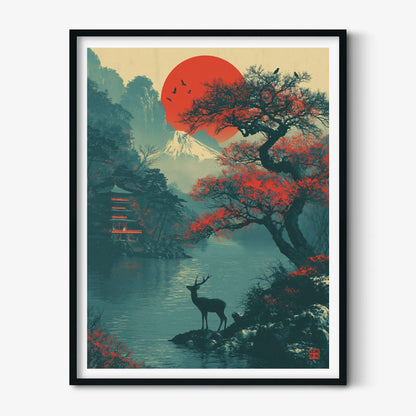 Mount Fuji Poster Print, Japanese Deer Wall Art, Red Sun Lake Picture, Pagoda Landscape Decor