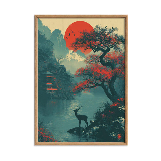 Mount Fuji Poster Print, Japanese Deer Wall Art, Red Sun Lake Picture, Pagoda Landscape Decor