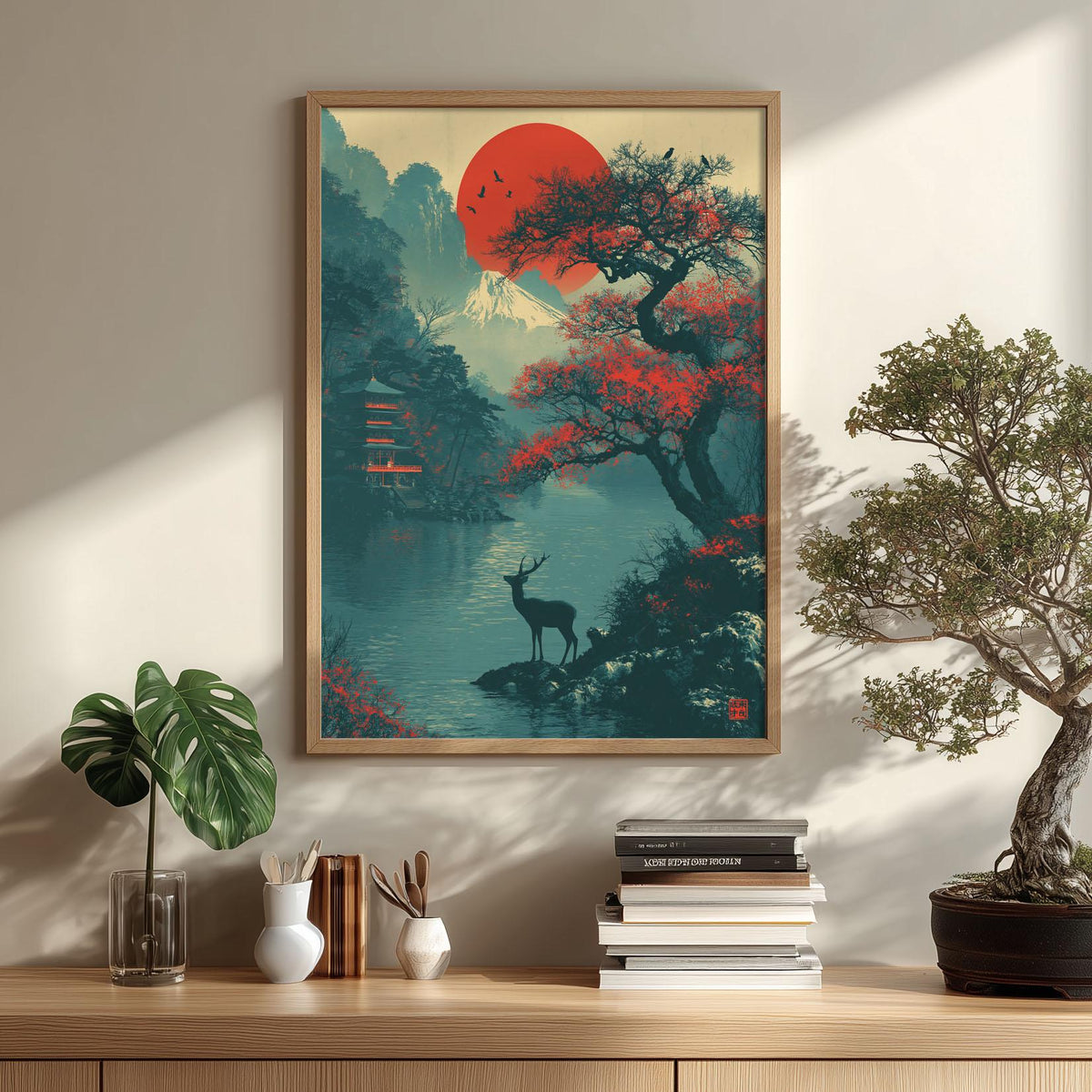 Mount Fuji Poster Print, Japanese Deer Wall Art, Red Sun Lake Picture, Pagoda Landscape Decor