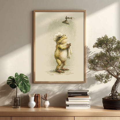 Funny Frog Wall Art, Frog in Shower Poster Print, Animal Picture, Kids Bathroom Decor