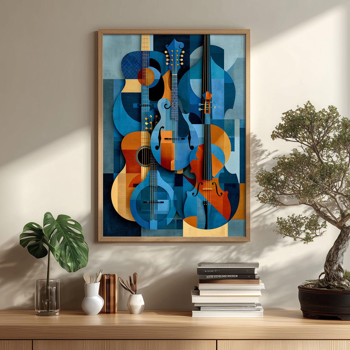 Abstract Musical Instruments Print, Blue Orange Guitar Cello Art, Music Room Decor