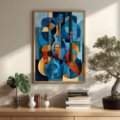 Abstract Musical Instruments Print, Blue Orange Guitar Cello Art, Music Room Decor
