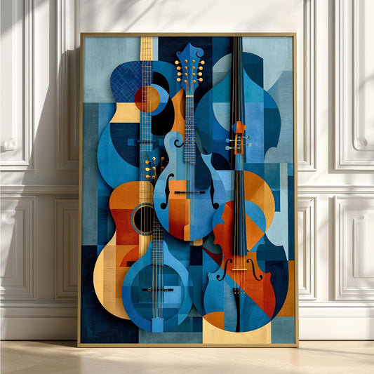 Abstract Musical Instruments Print, Blue Orange Guitar Cello Art, Music Room Decor