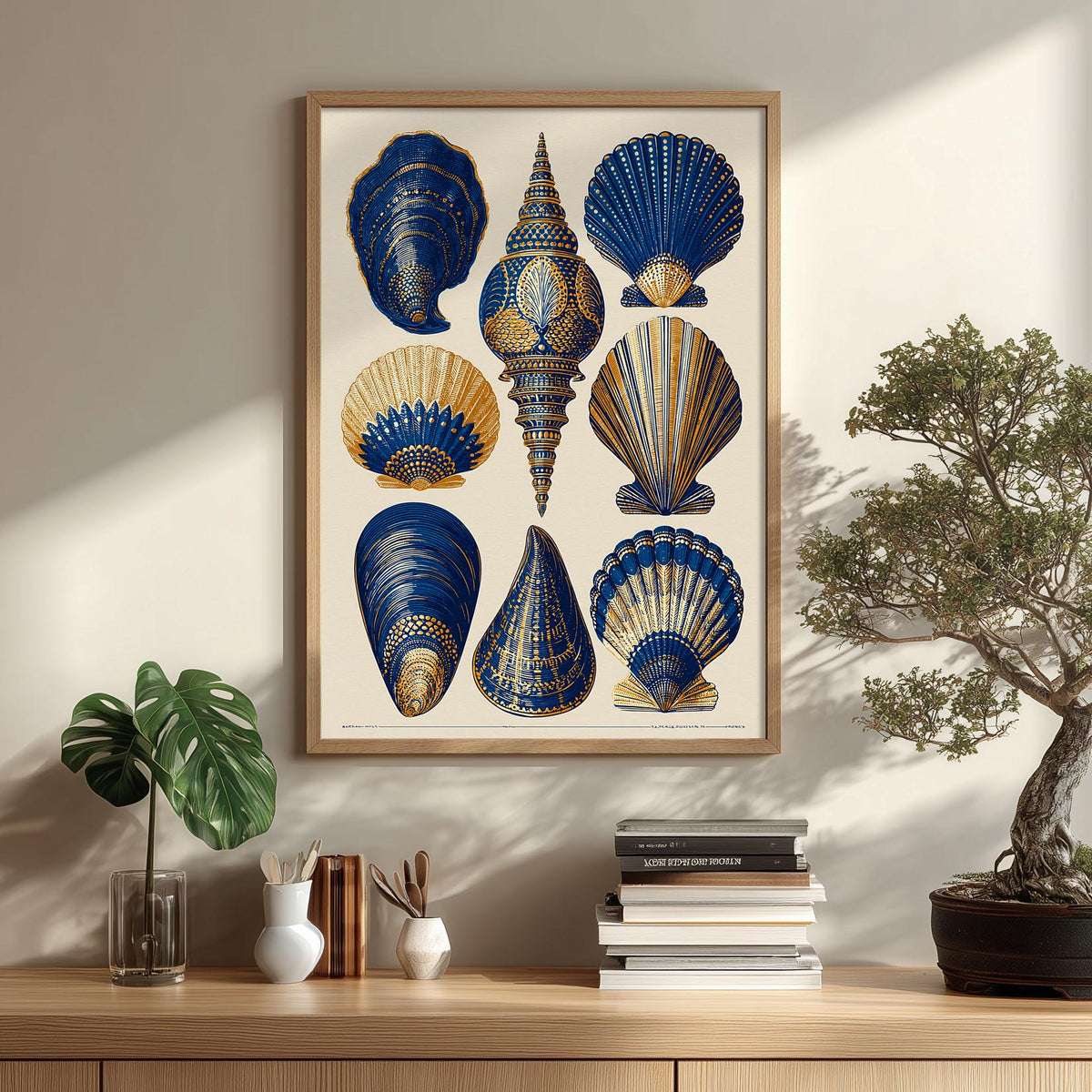 Vintage Seashell Poster, Coastal Art Print, Blue Gold Shell Illustration