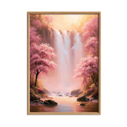 Pink Waterfall Wall Art, Cherry Blossom Poster Print, Spring Forest Picture, Bedroom Nature Decor