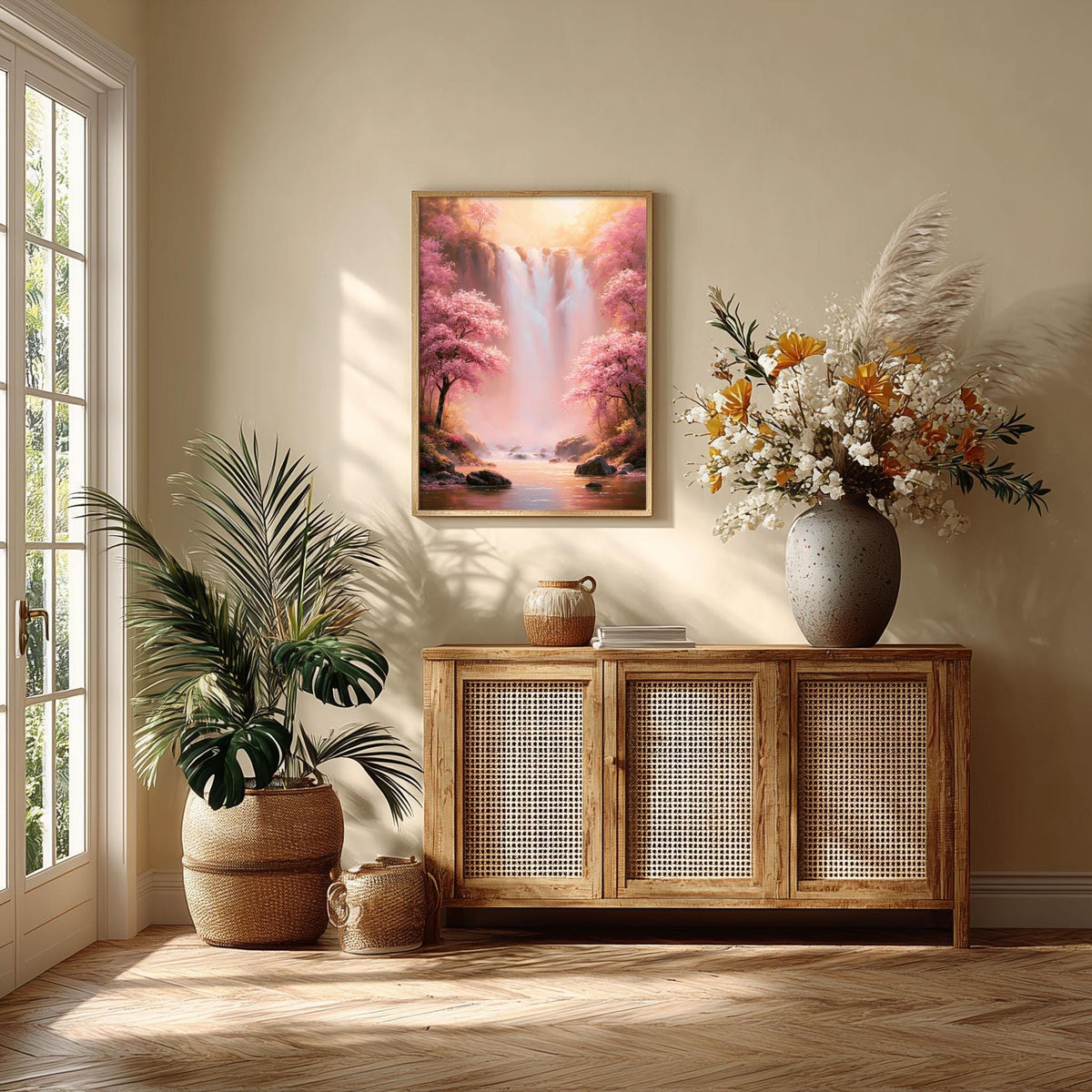 Pink Waterfall Wall Art, Cherry Blossom Poster Print, Spring Forest Picture, Bedroom Nature Decor