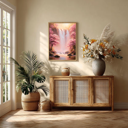 Pink Waterfall Wall Art, Cherry Blossom Poster Print, Spring Forest Picture, Bedroom Nature Decor