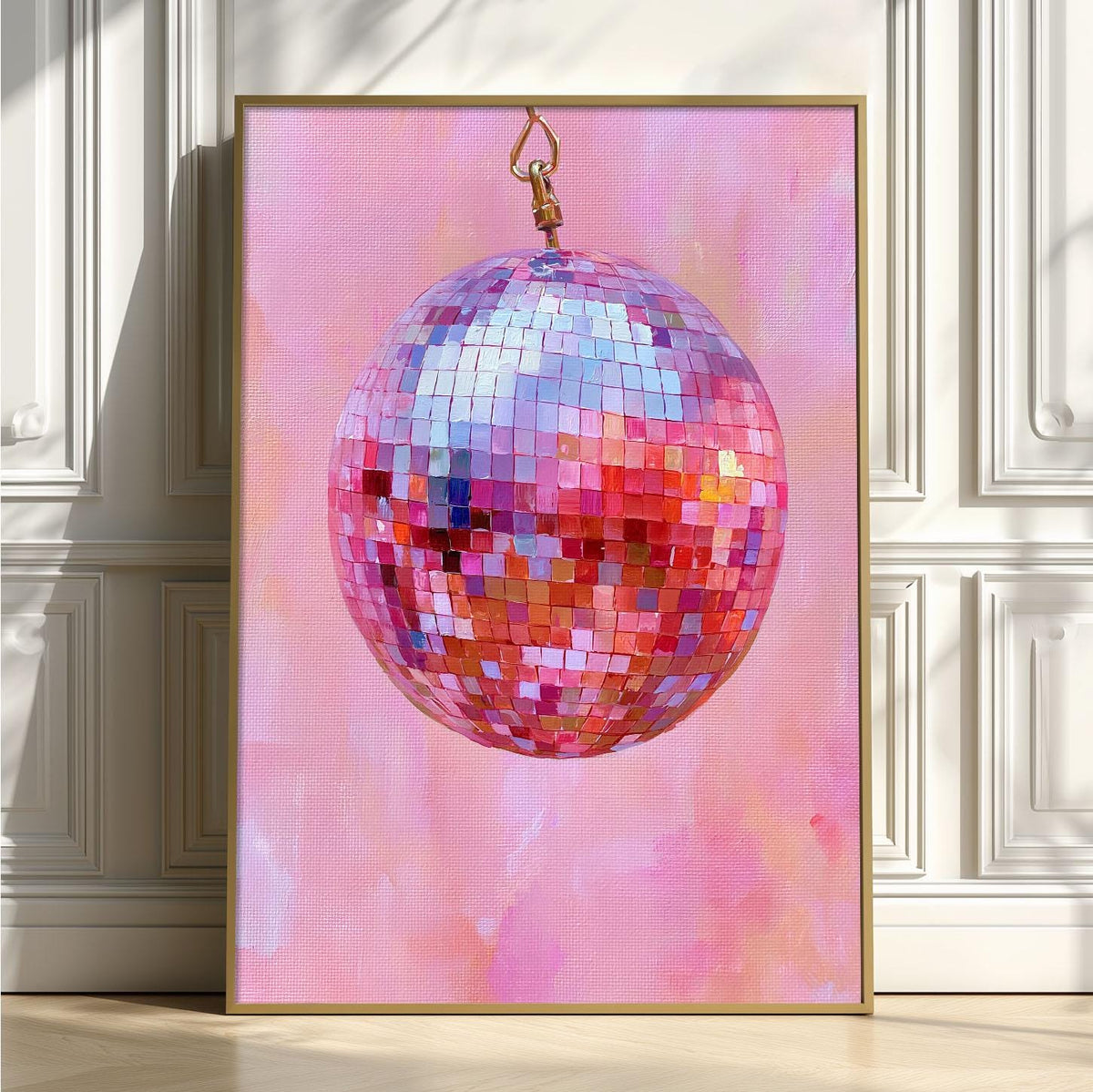 Pink Disco Ball Wall Art, Mirror Ball Poster Print, Retro Party Picture