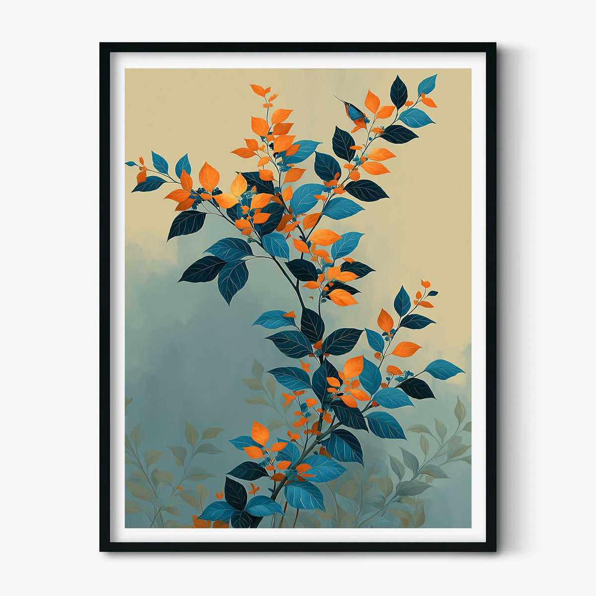 Minimalist Botanical Poster, Teal Orange Print, Leaf Branch Illustration