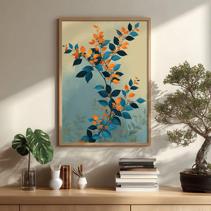 Minimalist Botanical Poster, Teal Orange Print, Leaf Branch Illustration
