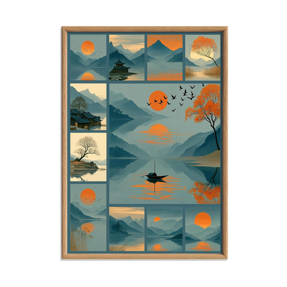 Mid Century Landscape Poster, Japandi Lake Art Print, Orange Sun Mountain Illustration