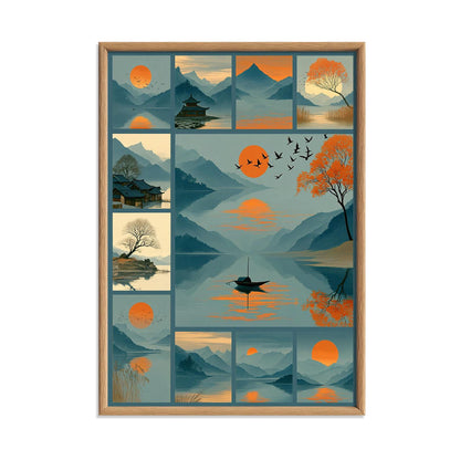 Mid Century Landscape Poster, Japandi Lake Art Print, Orange Sun Mountain Illustration