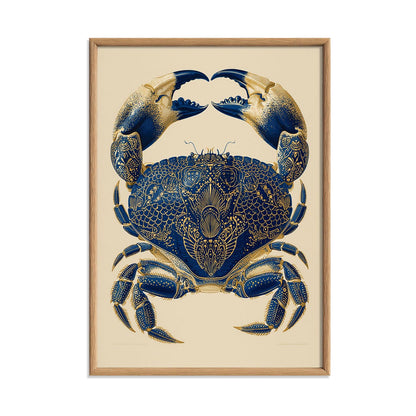 Navy Gold Ornate Crab Print, Coastal Vintage Natural History Wall Art