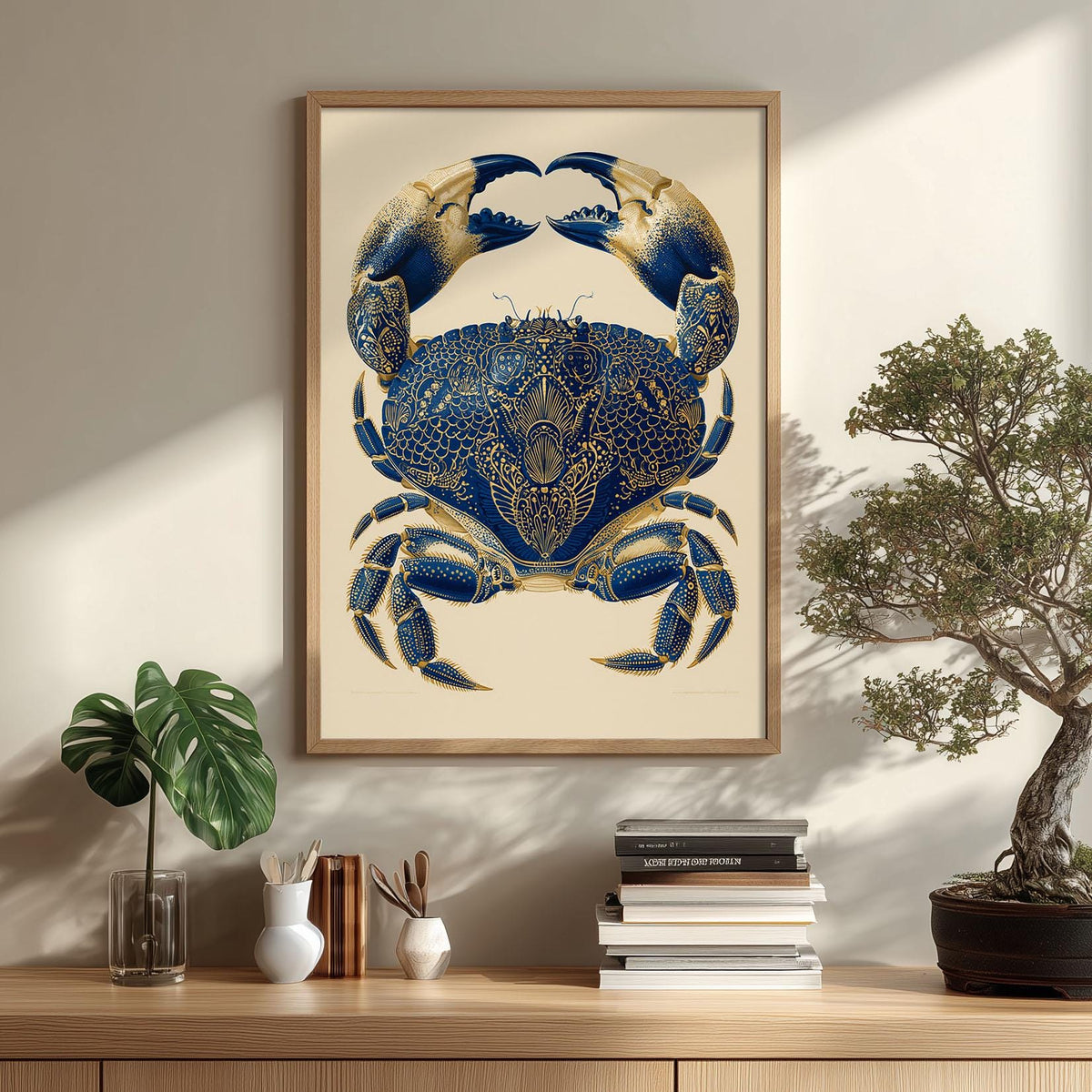 Navy Gold Ornate Crab Print, Coastal Vintage Natural History Wall Art