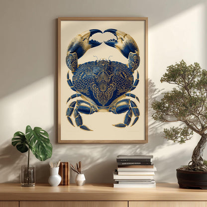 Navy Gold Ornate Crab Print, Coastal Vintage Natural History Wall Art