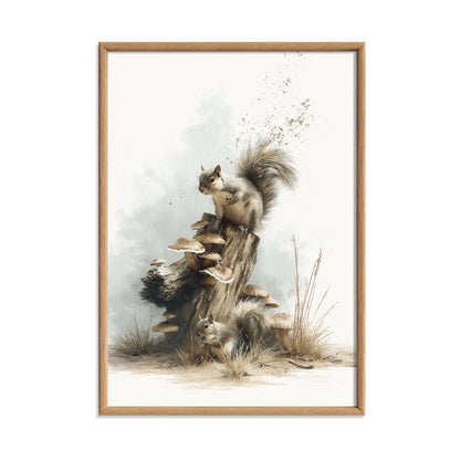 Woodland Squirrel Print, Forest Animal Wall Art, Mushroom Log Poster, Nursery Bedroom Decor