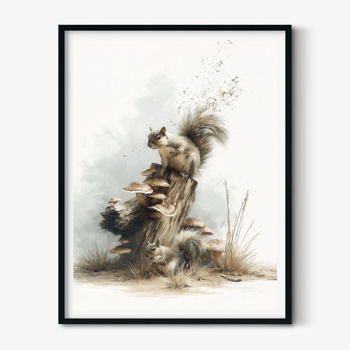 Woodland Squirrel Print, Forest Animal Wall Art, Mushroom Log Poster, Nursery Bedroom Decor