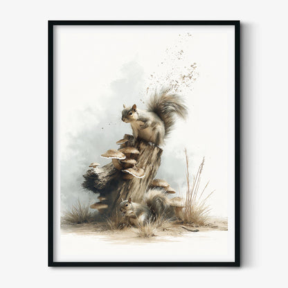 Woodland Squirrel Print, Forest Animal Wall Art, Mushroom Log Poster, Nursery Bedroom Decor