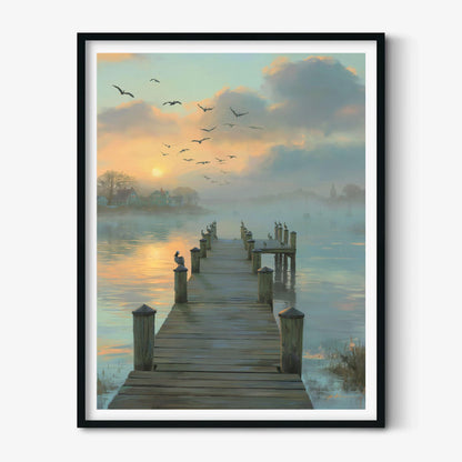 Misty Lake Dock Print, Sunrise Jetty Wall Art, Peaceful Water Poster, Bird Landscape Picture, Bedroom Lake House Decor