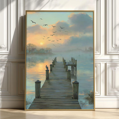 Misty Lake Dock Print, Sunrise Jetty Wall Art, Peaceful Water Poster, Bird Landscape Picture, Bedroom Lake House Decor
