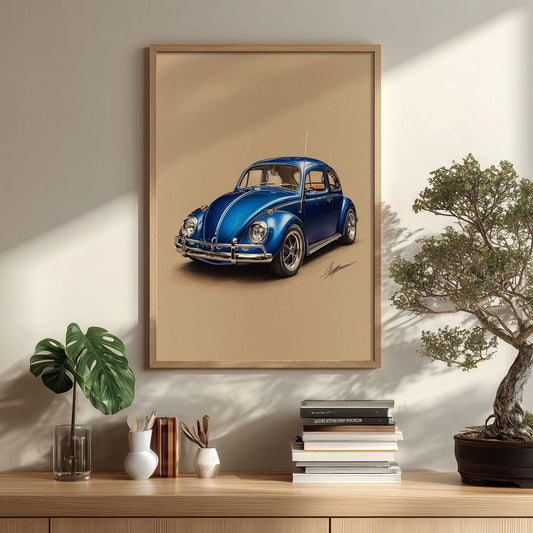 Classic Blue Beetle Car Print, Vintage Auto Wall Art, Retro Car Poster, Garage Decor, Car Lover Gift