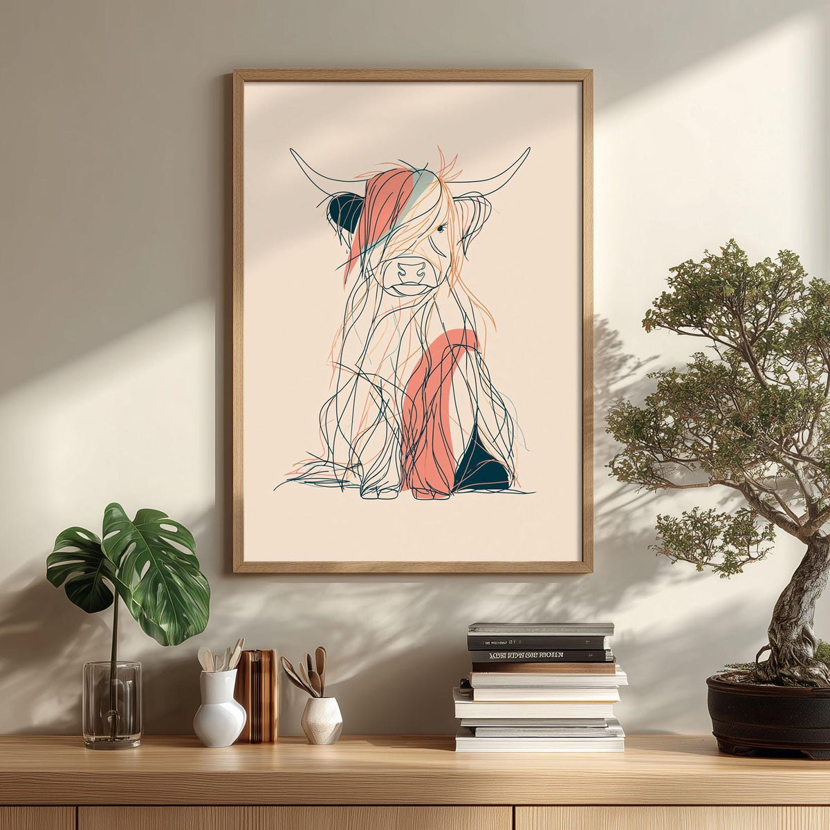 Highland Cow Line Art Print, Minimal Cow Wall Art, Abstract Animal Poster, Bedroom Decor