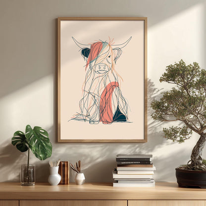 Highland Cow Line Art Print, Minimal Cow Wall Art, Abstract Animal Poster, Bedroom Decor