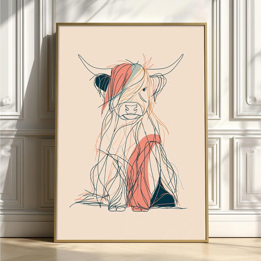 Highland Cow Line Art Print, Minimal Cow Wall Art, Abstract Animal Poster, Bedroom Decor