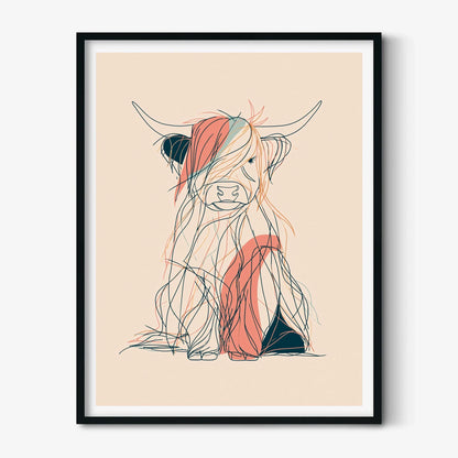 Highland Cow Line Art Print, Minimal Cow Wall Art, Abstract Animal Poster, Bedroom Decor