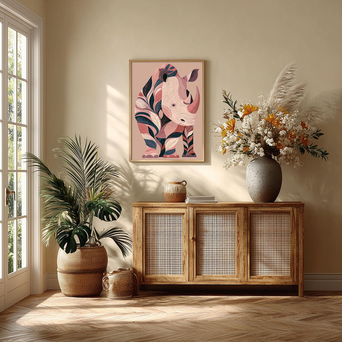 Pink Rhino Wall Art, Rhinoceros Poster Print, Tropical Animal Picture, Safari Bedroom Decor